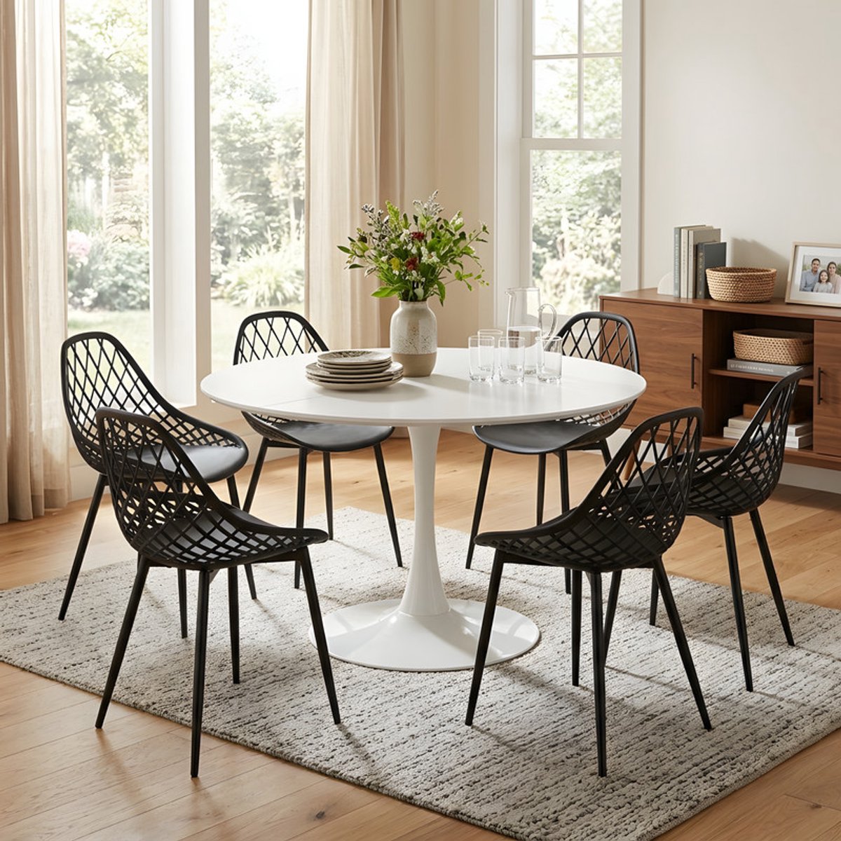 EGGREE eettafel en stoelen - 6 zwarte eetkamerstoelen - tafel Ø 100 cm - voor bar - café en restaurant Wit-M6BK