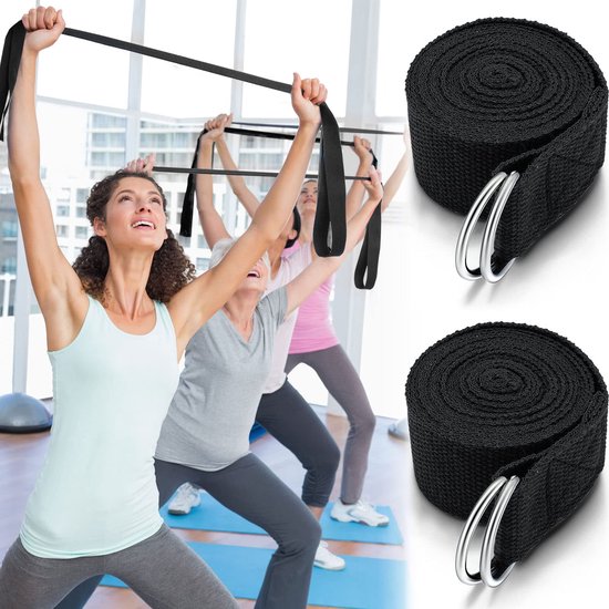 longziming-Yoga Riem - Yoga strap - Stretch Band - Pilates - 6 stuks - 2,4 meter - 3,8 cm breed - D-vormige metalen gesp - Antislip katoen-polyester - Zwart & paars - Voor flexibiliteit, rekken en yogahoudingen - Zwart — afbeelding 4