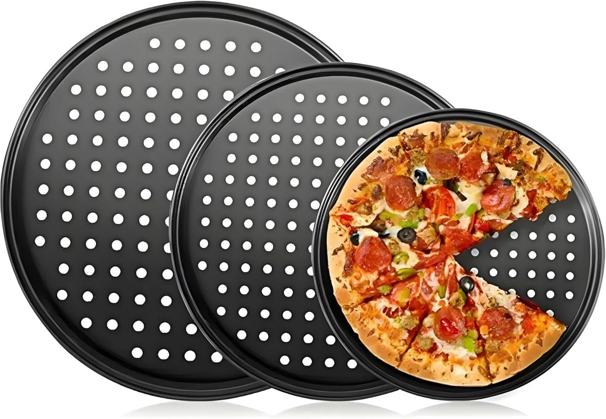 Set van 3 Ronde Pizza Bakvormen - Antiaanbak & Geperforeerd voor Extra Krokante Bodem