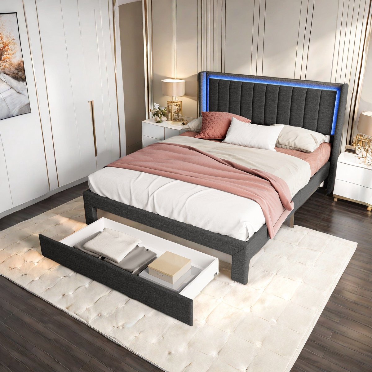 Tweepersoonsbed – Bedframe – Slaapbed – Opbergbed – Led Bed – 140 x 200 cm – Grijs Linen – Met USB-poort en Opberglade