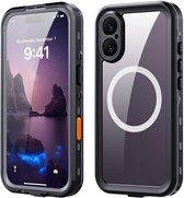 Zwarte telefoonhoes met transparant achterpaneel met witte magnetische ring, naast een telefoon.