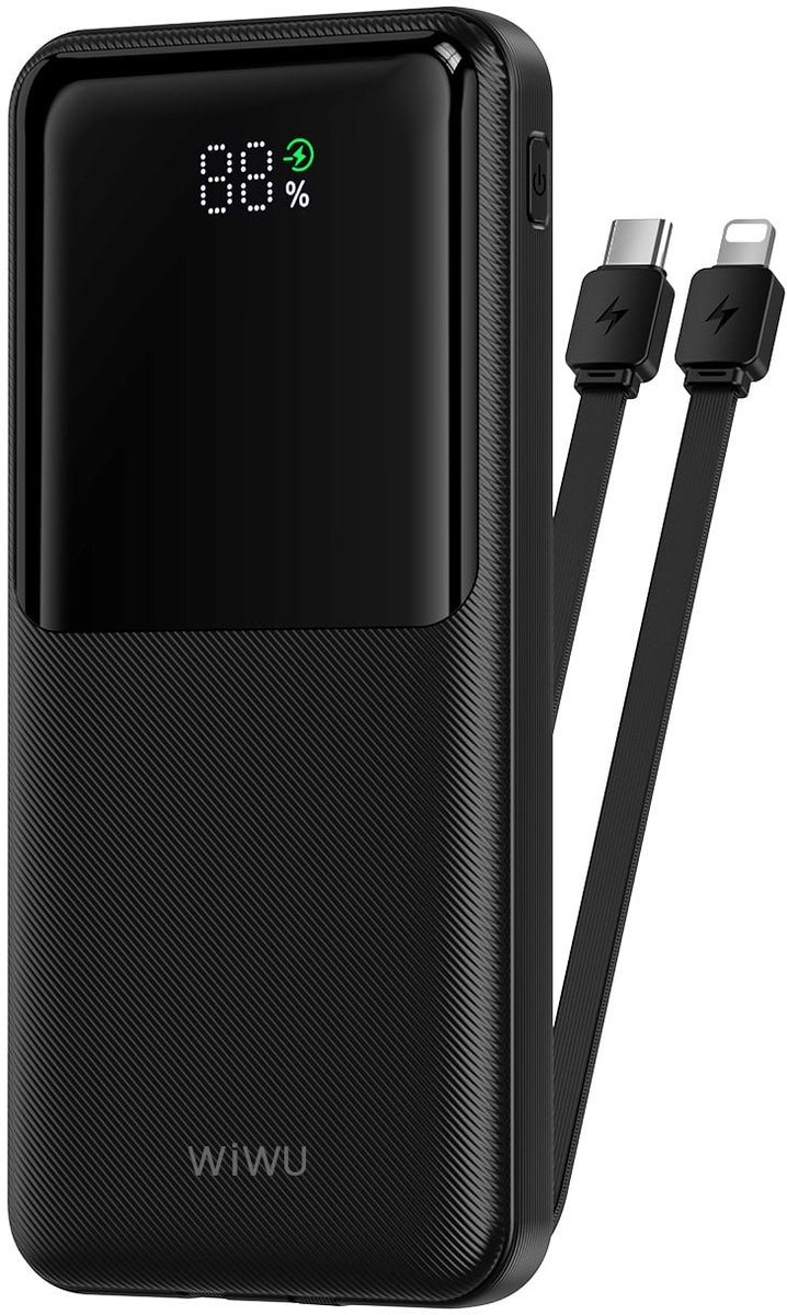 WiWU Powerbank 10000mAh 2-in-1 kabel Type-C en Lightning - Digital display - Zwart