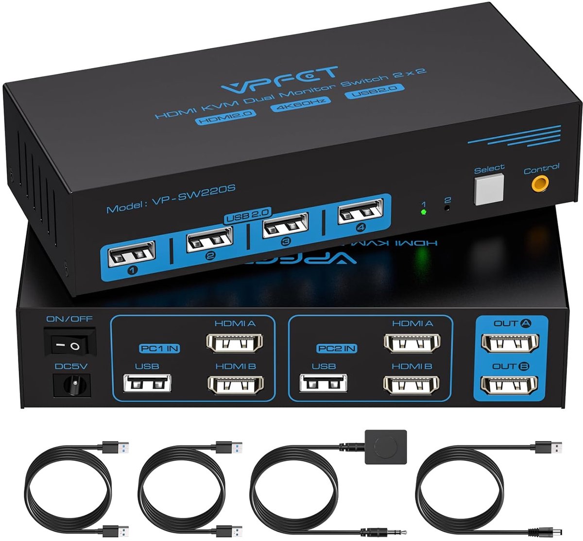 4K60Hz HDMI KVM-switch voor 2 PC's met 2 monitoren en 4 USB-poorten
