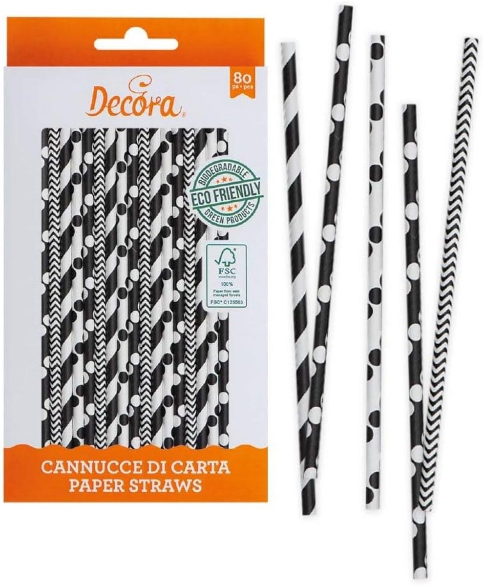 Biologisch afbreekbare papieren rietjes Black & White - 80 stuks