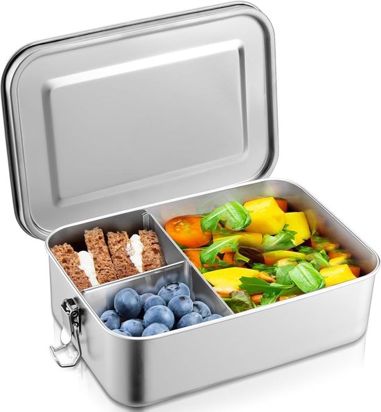 Gsedaox- Boîte à Lunch - Boîte Bento - Boîte à Sandwich en Acier Inoxydable - 1200 ml - 3 Compartiments - Pour le Travail, l'École, Pique-nique - Étanche - Adultes et Enfants