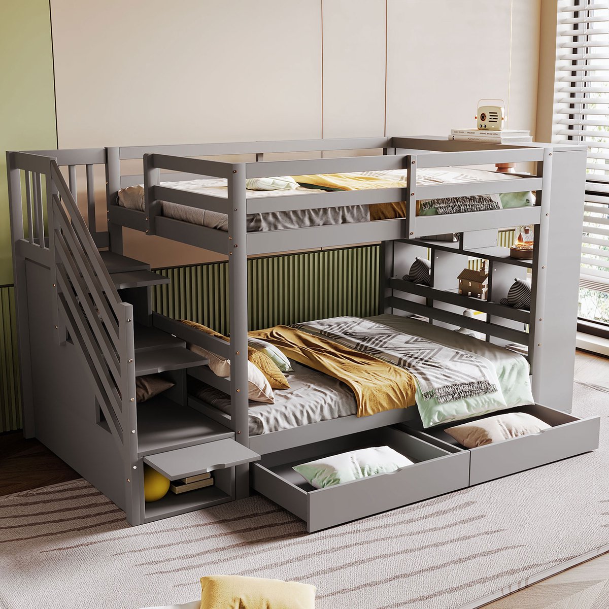 Wishdor Multifunctioneel Stapelbed 90x200 cm - Kinderbed met Veilige Opbergtrap, 2 Lades en Zijvakken - Grijs