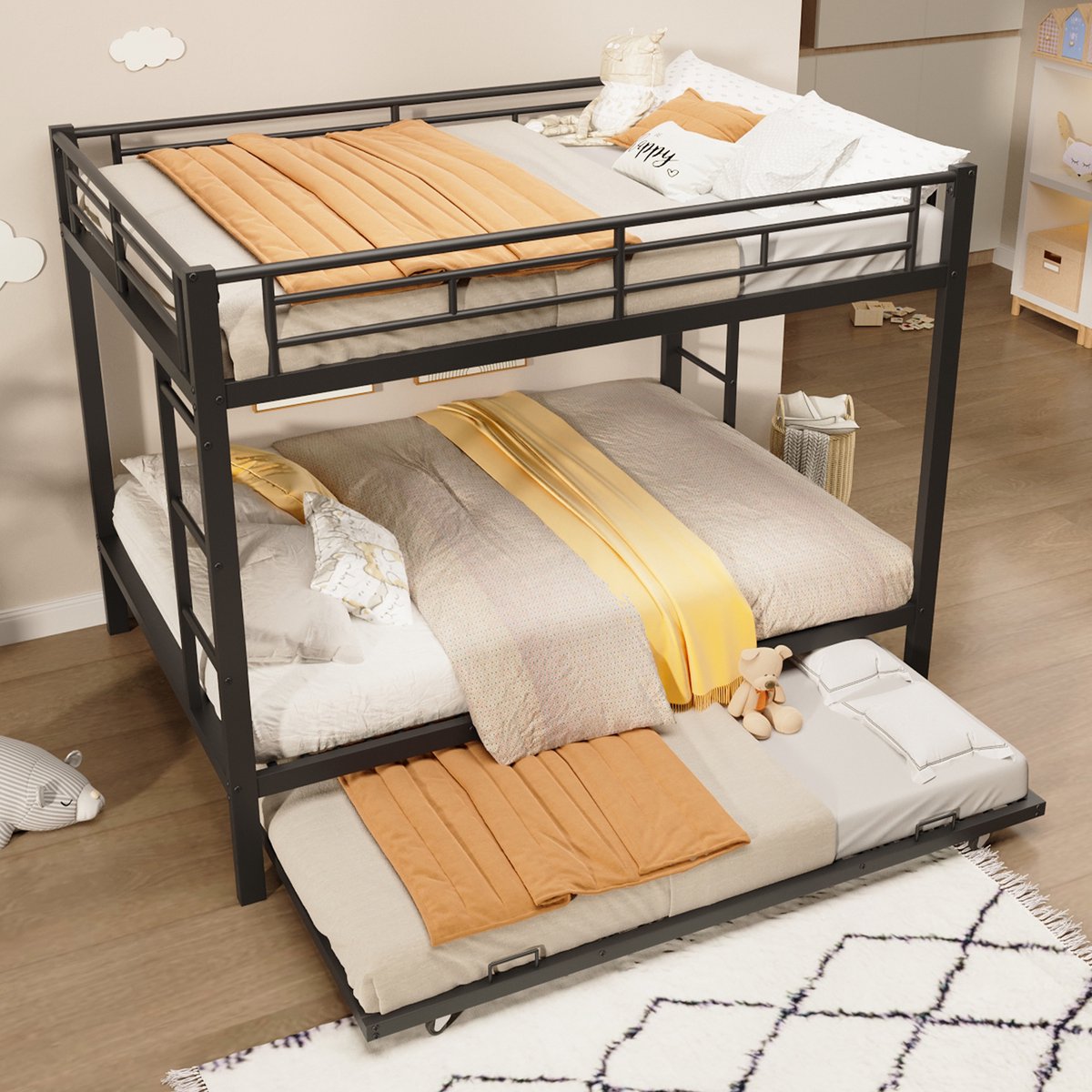 Wishdor Stapelbed 140 x 200 cm - Uitschuifbaar Logeerbed - Hoge Veiligheidsrand - Modern Minimalistisch Metaal Design - Geschikt voor Kinderkamer en Logeerkamer - Inclusief Montagehandleiding en Bevestigingsmaterialen - Metaal - Zwart