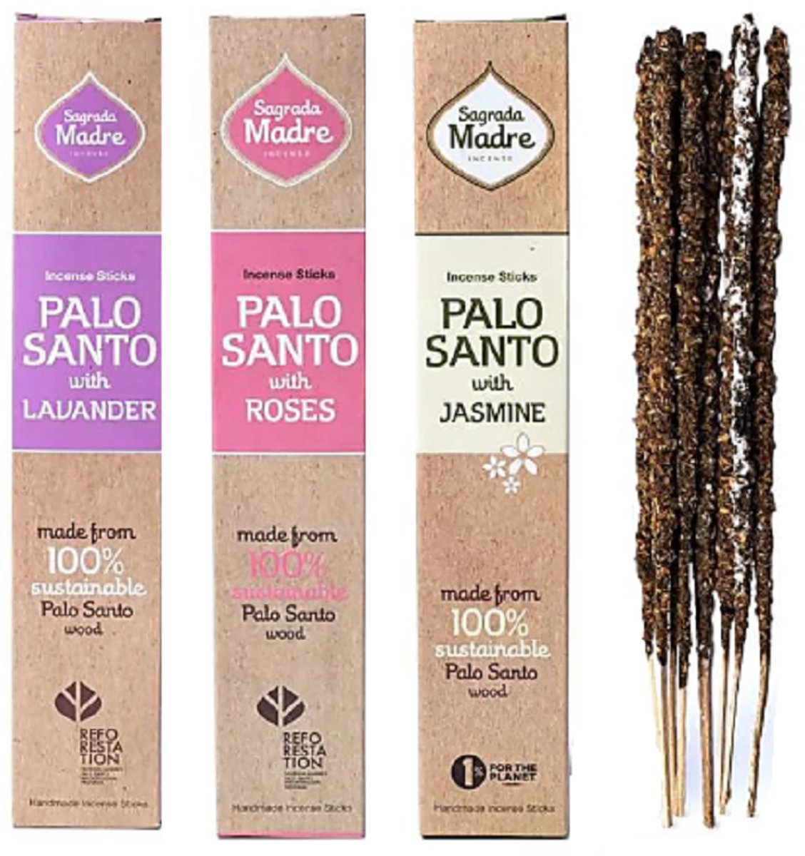 sagrada madre wierook - palo santo - jasmijn - roos - lavendel - bloemengeur - 3 stuks