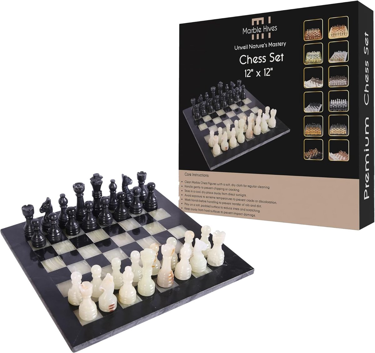 Handgemaakt Marmeren Schaakbord 30x30 cm - Zwart Onyx - Luxe Schaakstukken