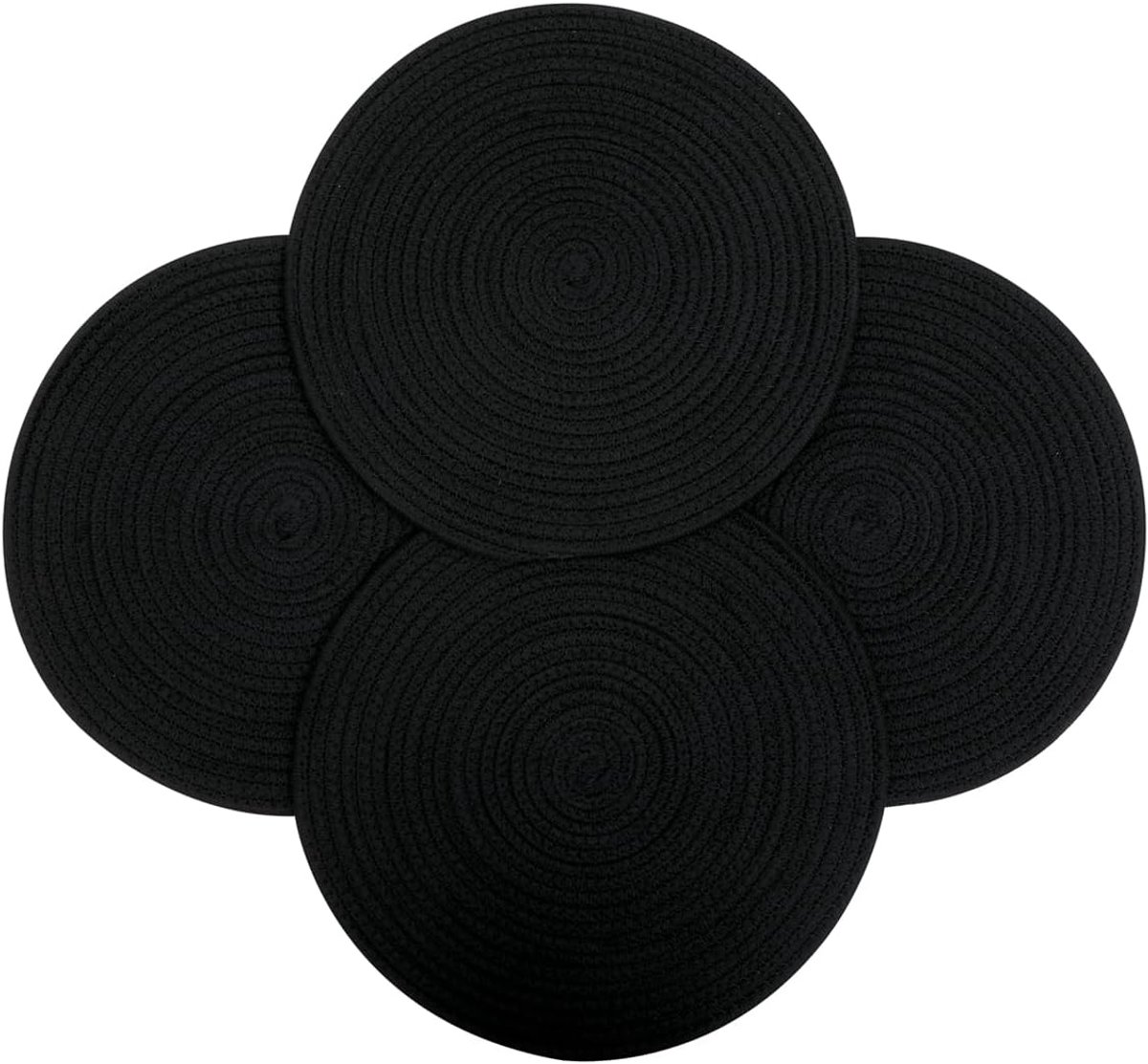 Set van 4 Ronde Geweven Placemats Katoen - Dikke Vlochten Tafelmatten Zwart