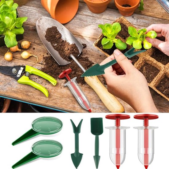 Universele 6-delige mini-zaaddispenser, mini-zaaizaaddispenser, klein zaadplantgereedschap, handmatige zaailing, handbediende zaadzaaidispenser voor kleine zaden, wit, groen, rood van Sugelary — afbeelding 4