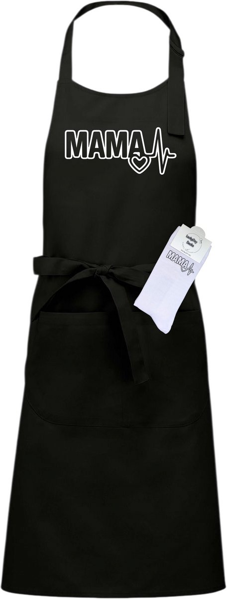 Luxe Keukenschort en sokken met tekst - Cadeau set - Giftset - Mama hartslag - Zwart - Mama Cadeau – Keukenschort met Sokken Set – Liefste Mama Hartslag – Moederdag Cadeau – Grappig & Origineel Cadeau Vrouw – Verstelbaar Schort – Zwart Onesize
