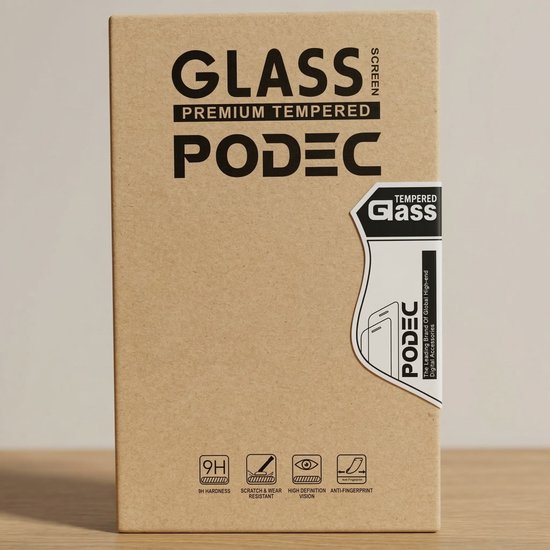 Podec verpakking voor screenprotector, met "GLASS SCREEN PREMIUM TEMPERED PODEC" tekst.