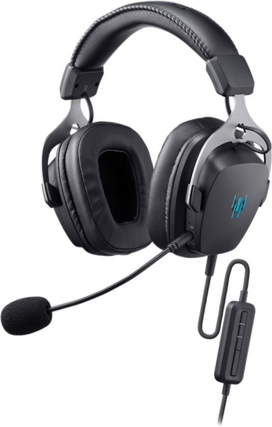 Casque de jeu noir avec détails argentés, logo bleu Predator, et microphone flexible.