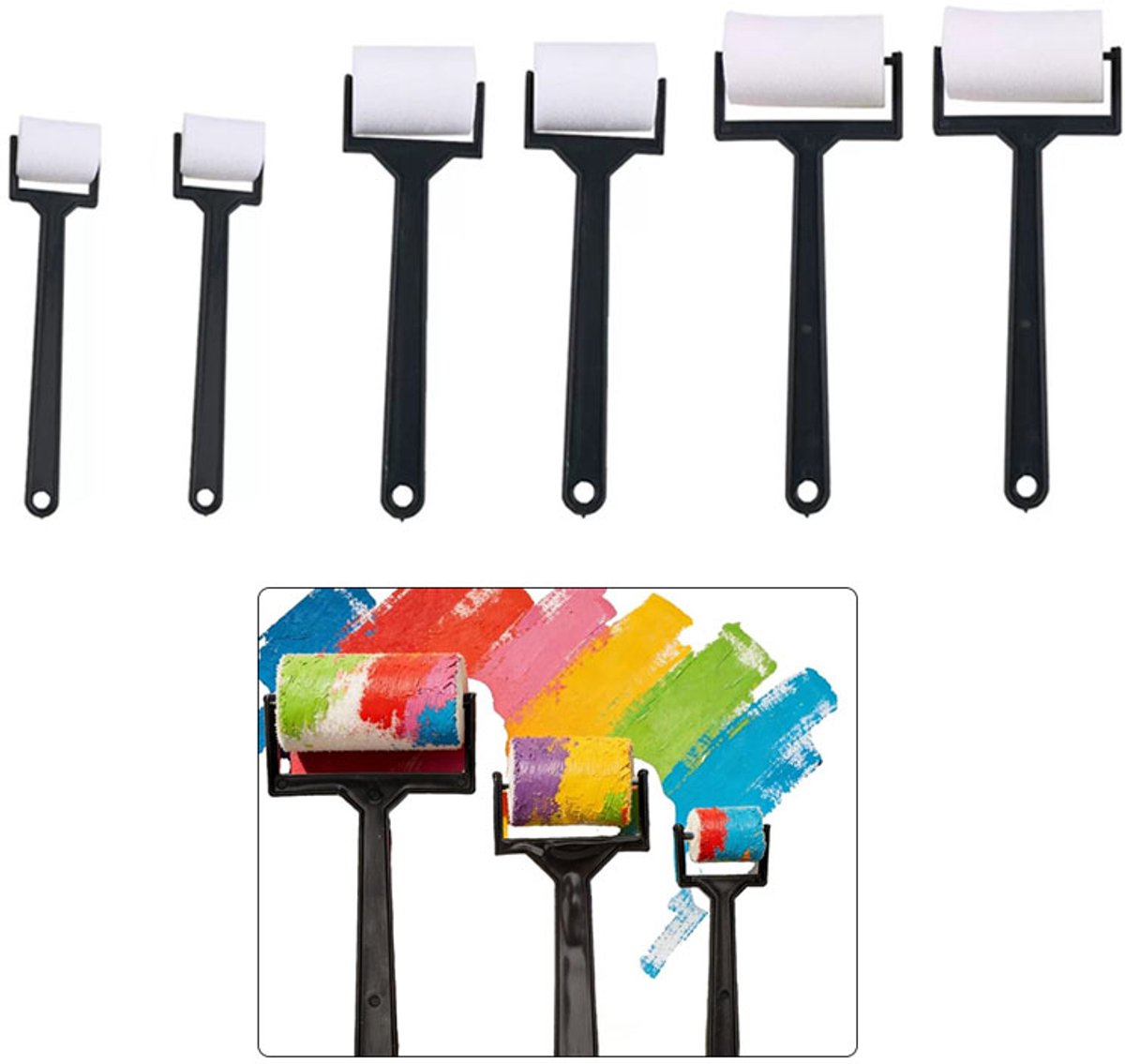6-deglie Verfrollerset - Mini-roller - Verfroller - Sponsborstel - Verfroller - Drie maten - Schildergereedschap - Comfortabele handgreep - Ophangbaar - Geschikt voor kunstcreatie, schilderen en knutselprojecten - Zwart, wit