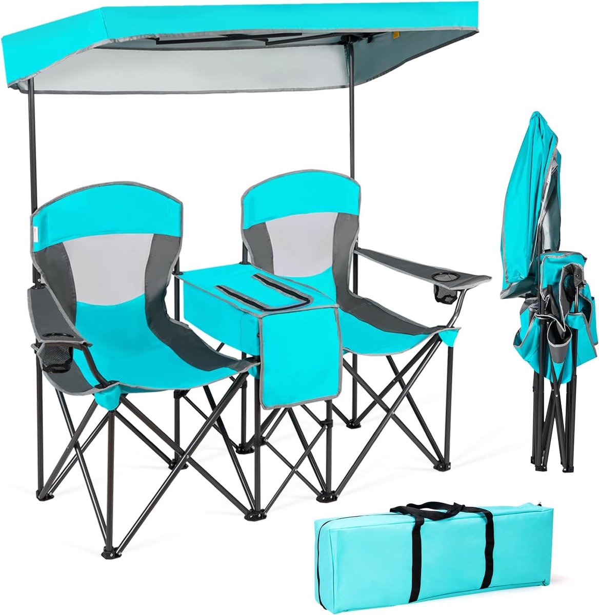 KOMFOTTEU Campingstoel, inklapbaar, voor 2 personen, visstoel met verstelbaar zonnedak, strandstoel, klapstoel met zijtafel/bekerhouder, regissestoel, incl. draagtas voor picknick, turquoise