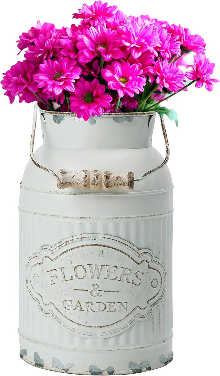 Rustieke Witte Metalen Bloempot Vaas met Handvat voor Binnen en Buiten Decoratie