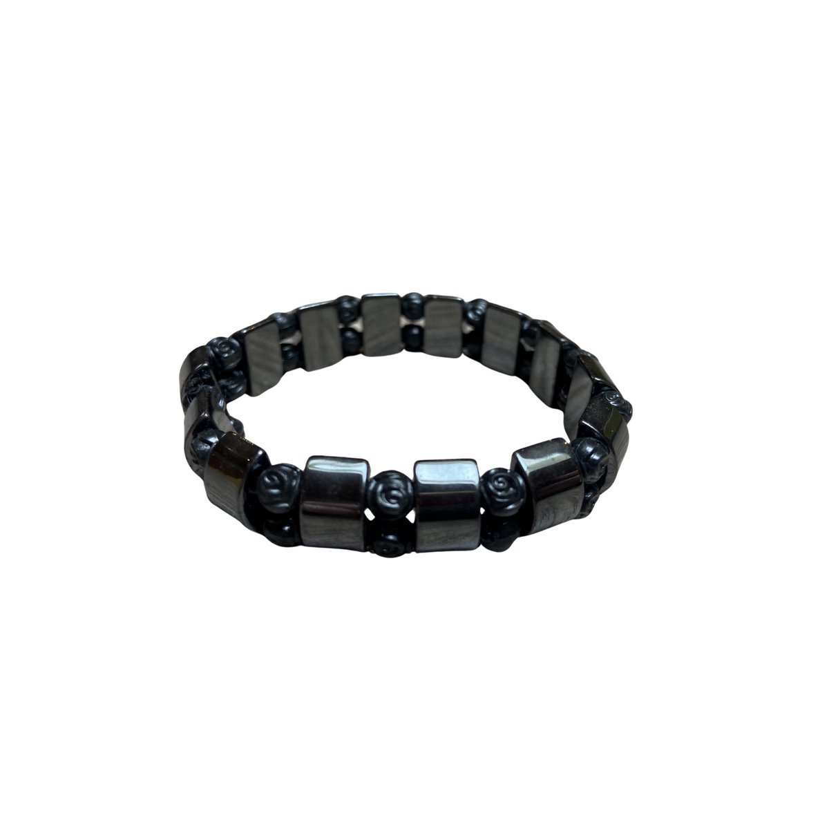 Edelsteen Hematiet Armband Zwart – Elastische Kralenarmband met Zwarte Roosjes – Nikkelvrij