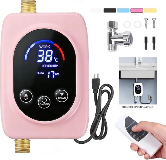 Roze miniatuur waterverwarmer met digitaal display, bedieningsknoppen, aansluitingen, stekker en afstandsbediening.