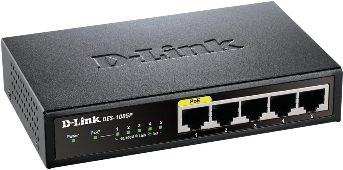 D-Link 5-poorts Fast Ethernet Switch met PoE - 10/100 Mbps voor thuis- en kantoorgebruik