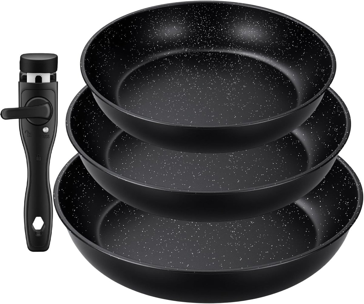 Pannenset Inductie met Afneembare Greep – 3 Stuks Braadpannen Antiaanbaklaag