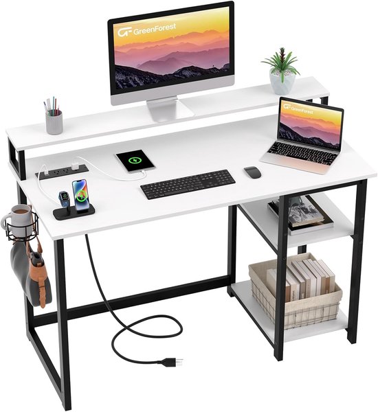 Bestier L-vormig Bureau Met Stopcontacten, Ledverlichting, Planken En Haken – Compact En Omkeerbaar, Ideaal Voor Kleine Ruimtes (106,5 Cm)