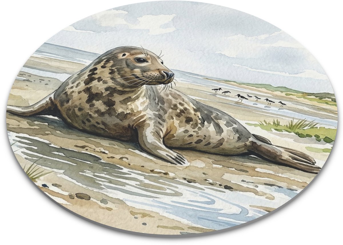 "Aquarel Series" Muismat Grijze Zeehond aan de Waterkant – Natuurgetrouwe Waddenzee Kust Illustratie met Scholeksters & Strand – Uniek Cadeau voor haar: Vrouw, Vriendin & Collega – Noordzee Decoratie voor Werkplek – Ronde Botanische Mousepad