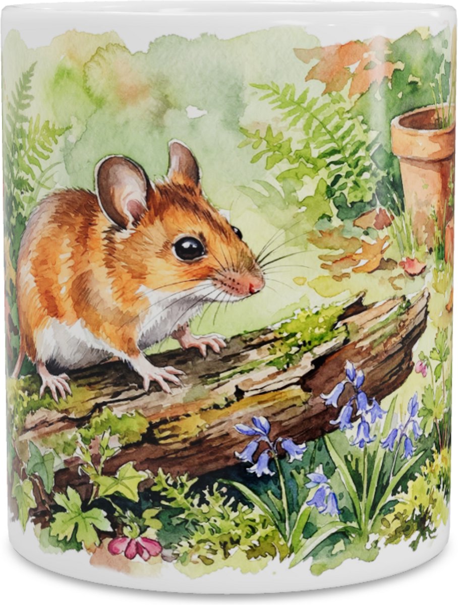 Schattige Bosmuis "Aquarel Series" Mok - Gedetailleerde Natuur Koffiemok met Bos & Tuin Illustratie - Unieke Theebeker voor Thuis en op het Werk of Kantoor - Cadeau voor haar: Vrouw, Vriendin of Collega