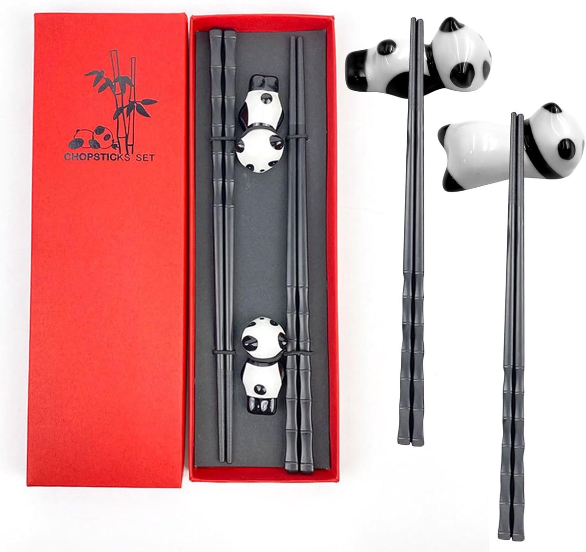 2 Paar Herbruikbare Antislip Eetstokjes met 2 Keramische Panda Stokhouders