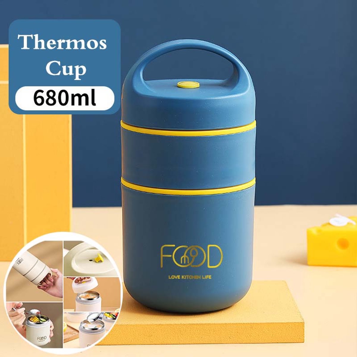 Dubbele Lunchdoos - 680ml - Lekkagebestendige Lunchdoos - Multifunctionele Graanbeker - Geschikt Voor School, Werk, Picknicken En Reizen (Blauw)