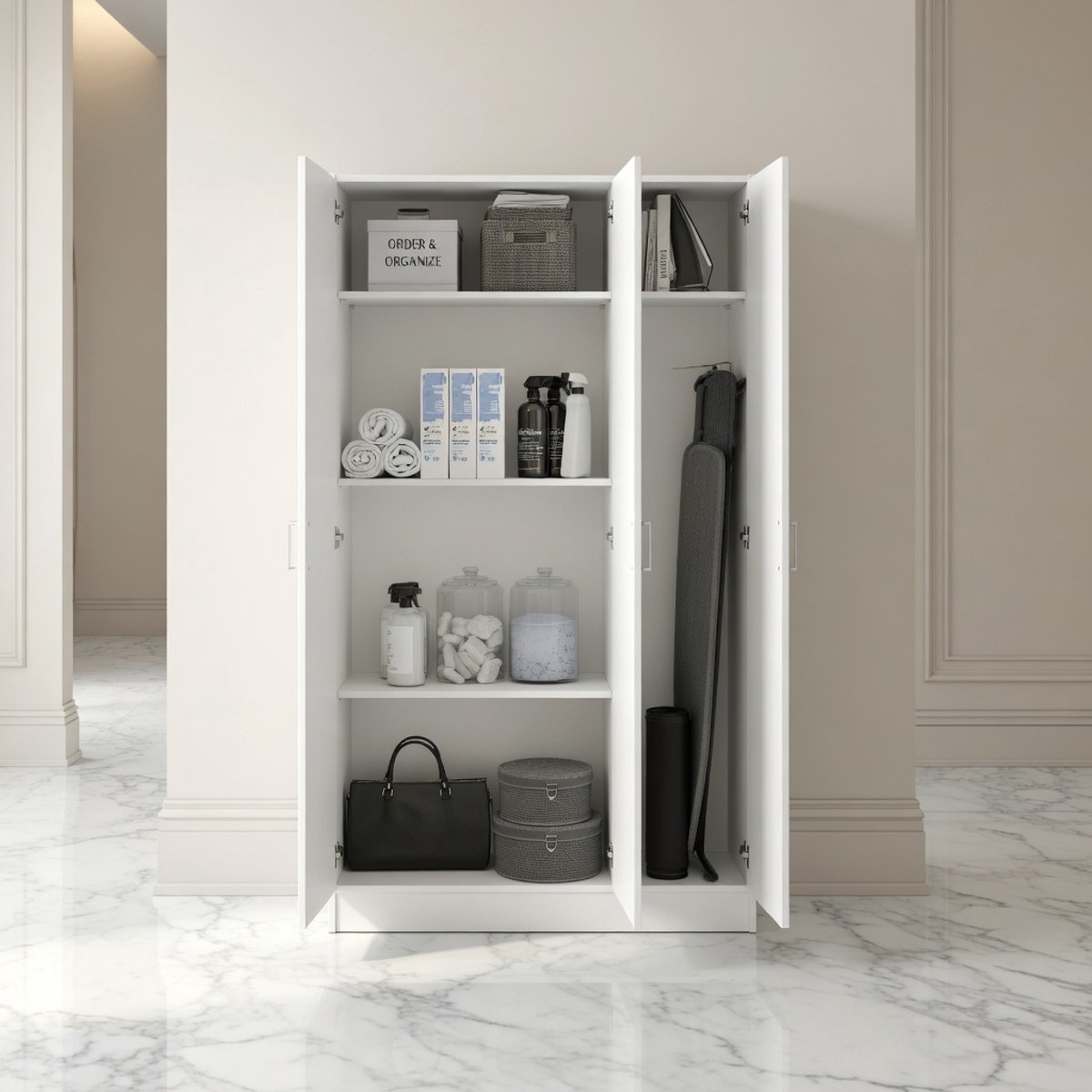 Beaumont XL Multifunctionele Kast – 3 Deuren, 4 Verstelbare Planken, Schoenenrek & Opbergruimte – 109 x 37 x 180 cm – Witte Kast voor Hal, Entree, Kantoor, Bijkeuken en Kleedkamer House & Graden