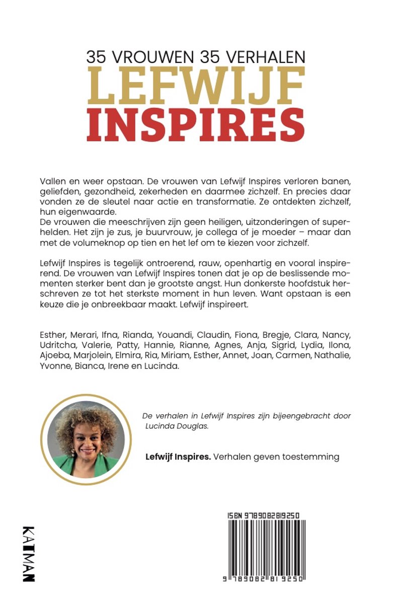 Boekomslag "Lefwijf Inspires" met portret van een vrouw en een vrouwenlijst.