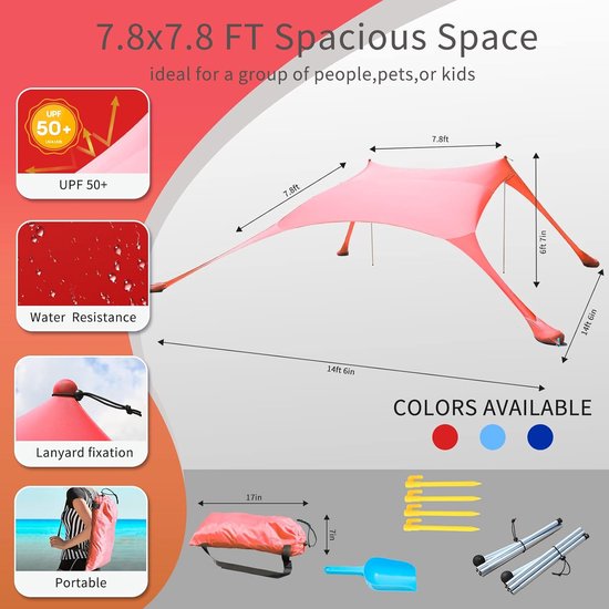 Roestvrije Strandtent 213x213 cm - UPF50+ Zonnescherm met Verstelbare Palen voor Camping, Vissen & Picknicks - Lichte & Waterafstotende Luifel in Rood van Merkloos — afbeelding 4