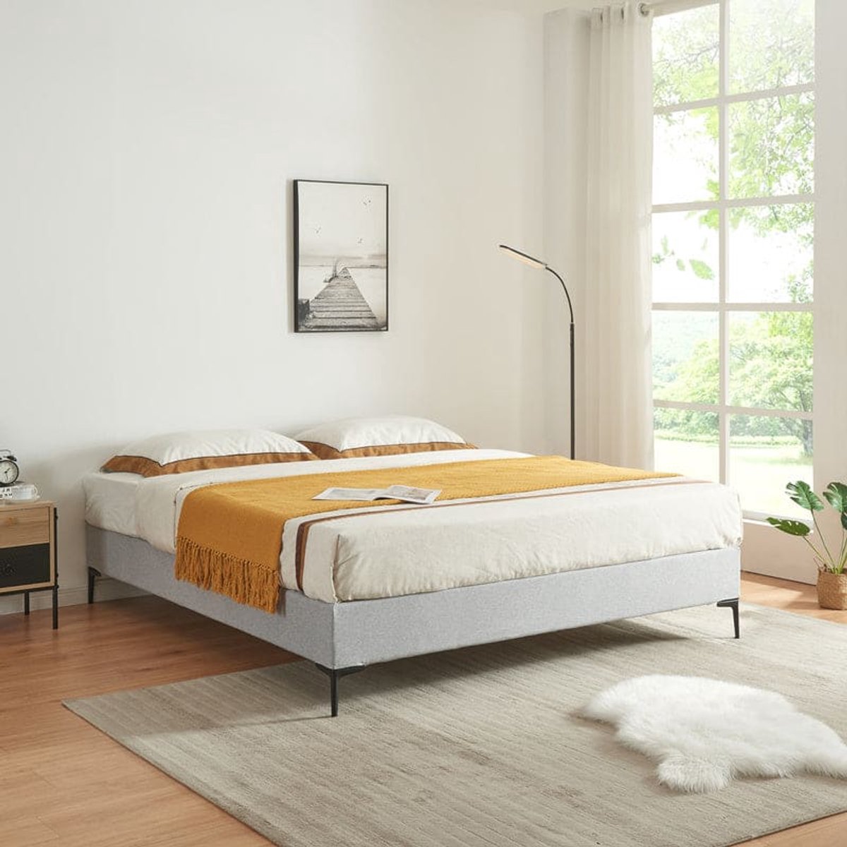 Tweepersoonsbed – Bedframe – Slaapbed – Stofbed – Lattenbodem – Lichtgrijs – 160 x 200 cm – Afneembare Polyester Hoes – Stevig Multiplex Frame