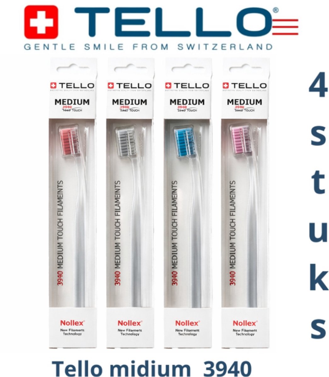 4 stuks TELLO 3940 MEDIUM tandenborstel Swiss made met NOLLEX-technologie