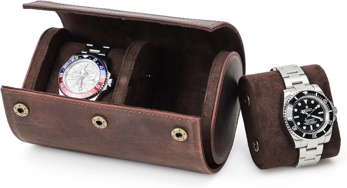 2 Watches Case - Leer - Horloge Opbergdoos - Beschermende Horloge Reisdoos - Draagbaar met Verwijderbare Kussen Assemblage Ontwerp
