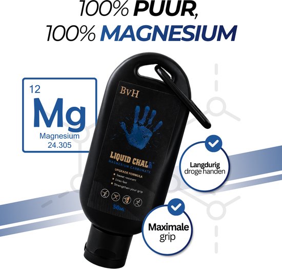 Zwarte fles BvH 'Liquid Chalk' 50ML met blauwe handafdruk, 100% puur magnesium, langdurig droge handen, maximale grip.