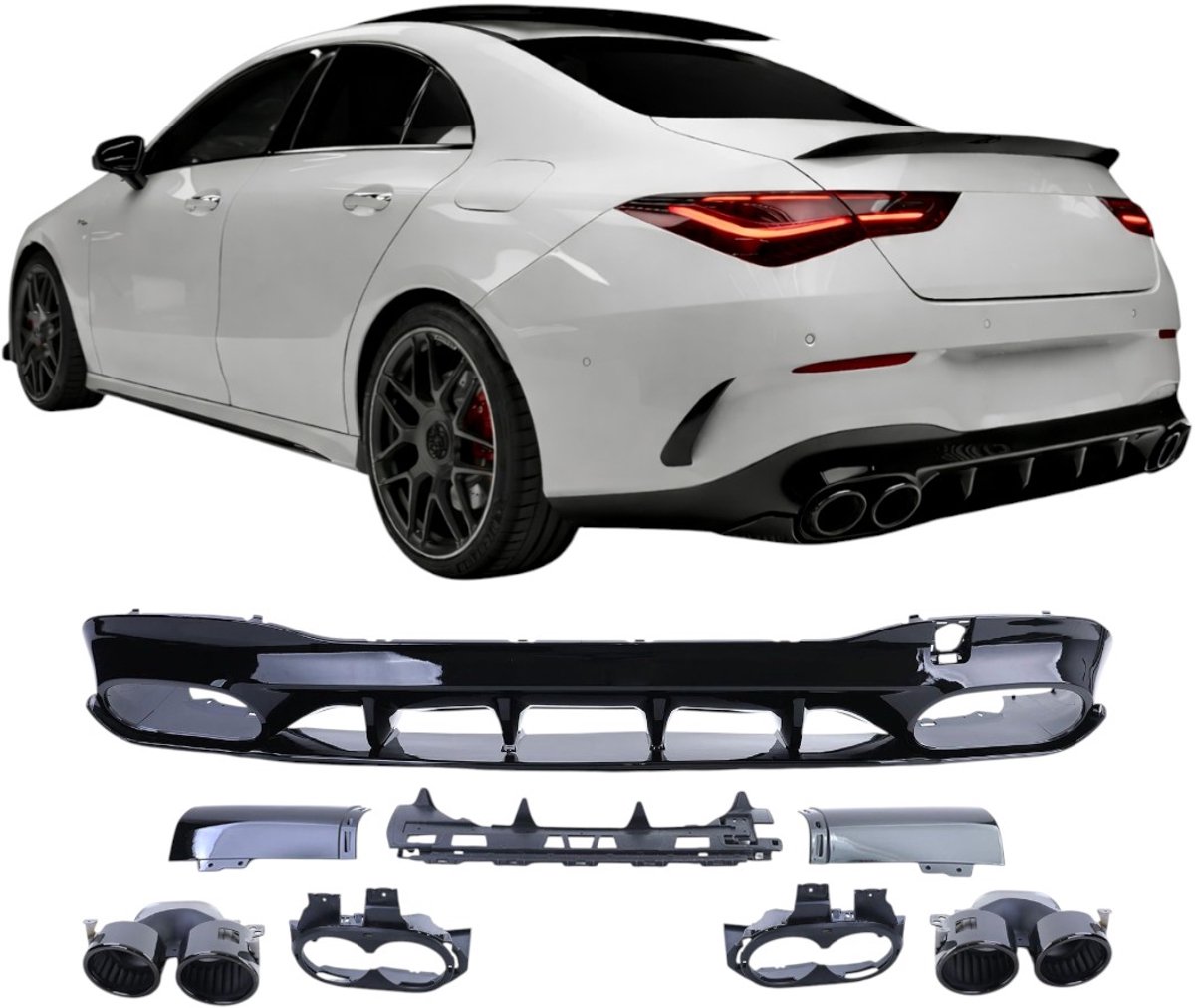 Diffuser Geschikt voor Mercedes CLA C118/X118/W118 AMG Line (2019-2023) – Glanzend Zwart – Met Uitlaatsierstukken