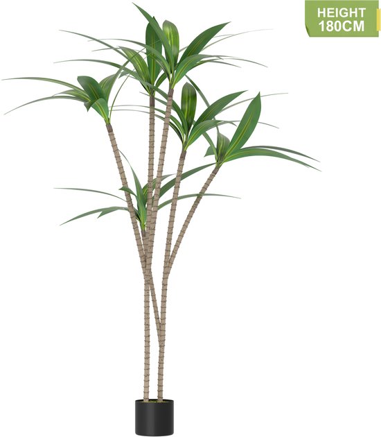 Kunstplant van 180 cm hoog, met groene bladeren en stammen van natuurhout, staand in een zwarte pot op een witte achtergrond.