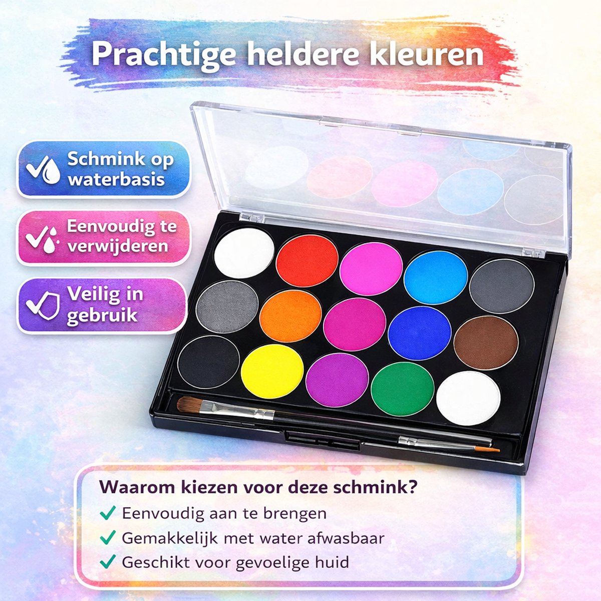 Joyage Schmink kinderen & volwassenen - Op waterbasis - Sjablonen en penselen - Schminkset Elf Make up Kinderen - Face paint palette - Grime Schmink palet volwassenen wit - Kinderschmink voor grimas - Gezichtsverf grimeren - Smink accessoires zwart — afbeelding 2