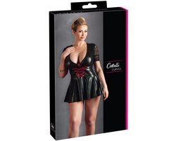 Cottelli Plus Size – Wetlook Mini Jurk met Rode Veters en Diepe Decolleté Kinky en Uitdagend – Maat 3XL – Zwart