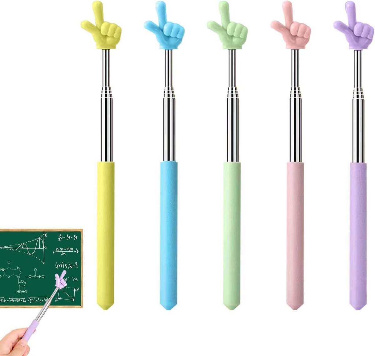 Aanwijsstok voor presentaties en training - Set van 5 kleurrijke handpointers - Telescopisch en verstelbaar - Ideaal voor klaslokaal - 68cm - Groen, paars, blauw, roze, geel