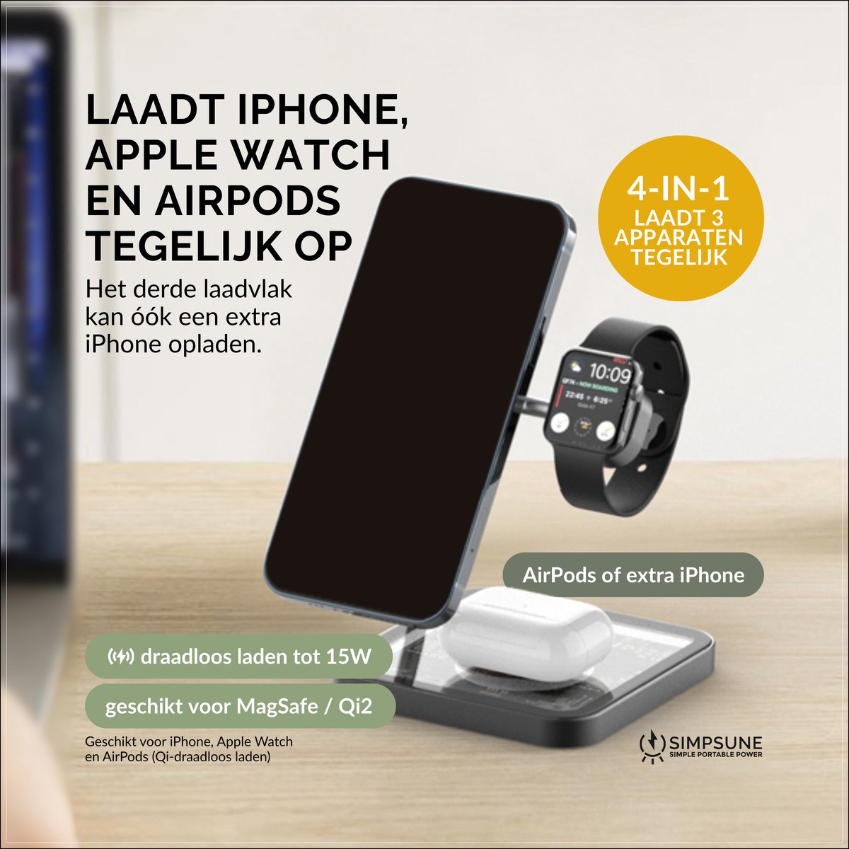 SimpSune 3 in 1 draadloze oplader – geschikt voor Apple Watch oplader – Wireless Charger oplaadstation geschikt voor MagSafe‑smartphones, Apple Watch & AirPods – verstelbaar dock van premium metaal & glas voor bureau & nachtkastje — cadeau in Gadgets - foto 2