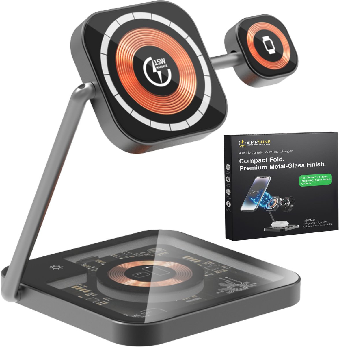 SimpSune 3 in 1 draadloze oplader – geschikt voor Apple Watch oplader – Wireless Charger oplaadstation geschikt voor MagSafe‑smartphones, Apple Watch & AirPods – verstelbaar dock van premium metaal & glas voor bureau & nachtkastje