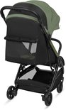 Zijaanzicht van een groene en zwarte lichtgewicht buggy met een gaasvenster aan de achterkant.