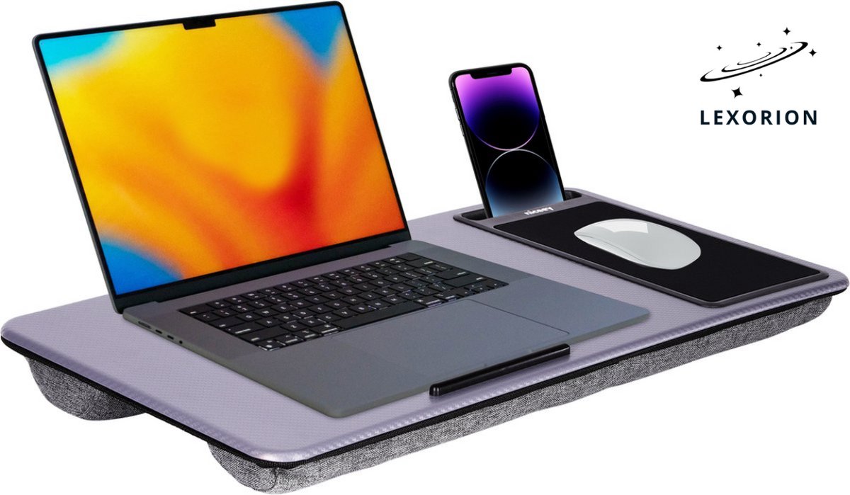 Lexorion Ergonomische Schoottafel - Laptoptafel met Kussen – Ergonomische Schoottafel voor Bed & Bank – Met Muismat & Telefoonhouder – Anti-Slip Onderkant – Geschikt tot 17.3 Inch – 57,5 x 30 cm – Grijs