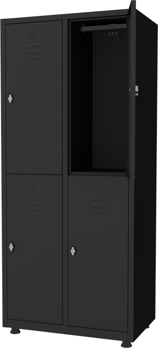 Lockerkast metaal - 4 lockers - Hang- en legruimte - 180x80x50 cm - Zwart