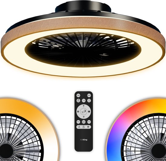 AirKing plafondventilator met hout-look rand, witte en RGB verlichting, en afstandsbediening.
