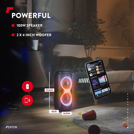 Bluetooth speaker - Fenton Track210 - Partybox met microfoon - Lichteffecten en oplaadbare accu — afbeelding 3