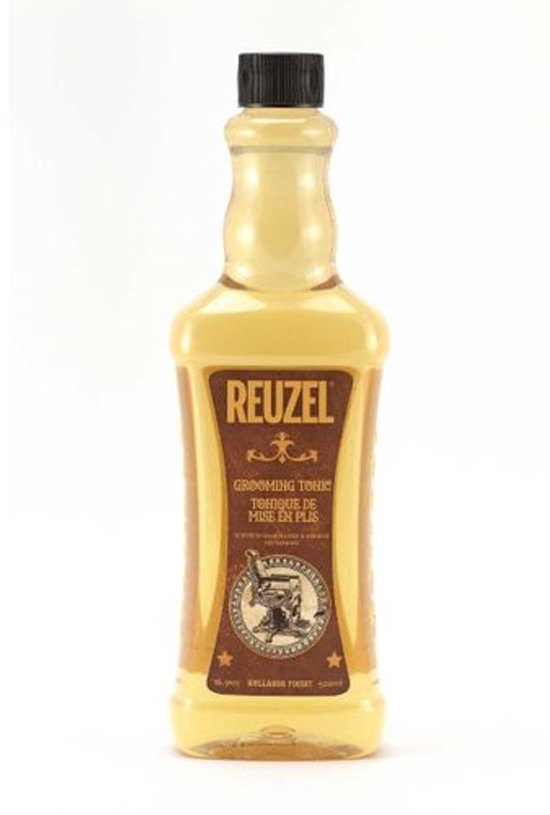 Reuzel Grooming Tonic fles met bruin etiket en zwarte dop.